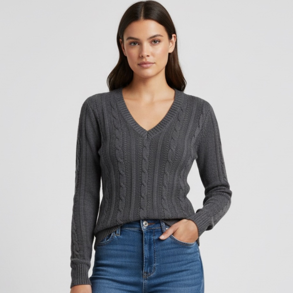 VTG‎ Old Navy Y2K Women's Gray Chunky Cable Knit V Neck Sweater Size S
